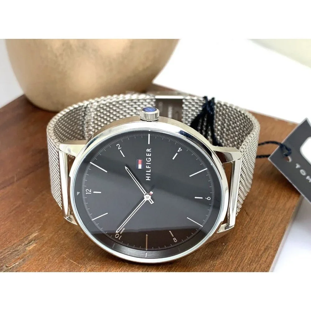 Tommy Hilfiger Men's Watch 1791842 Black Dial Quartz Silver Steel Mesh B…